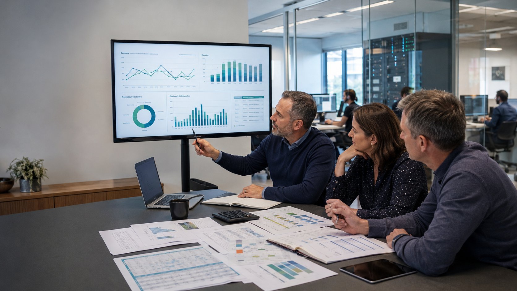 MSP-Team bespricht einen Sales Forecast mit Umsatz- und Kapazitätsdiagrammen