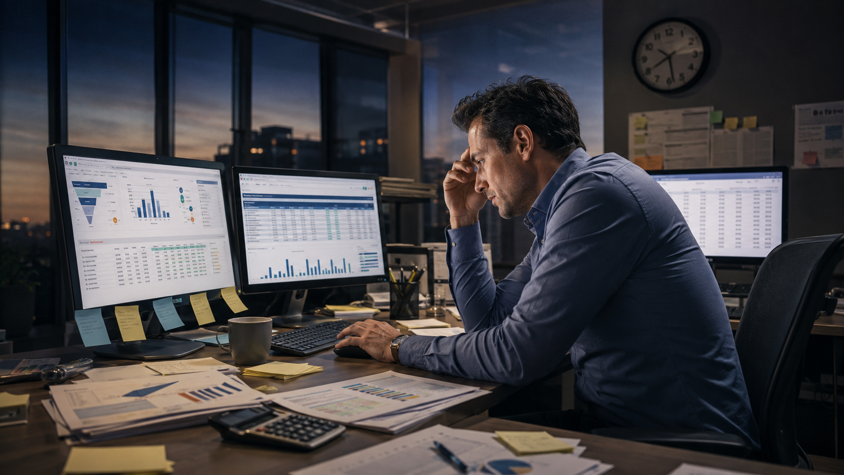 Sales Planning im CRM: Manager vor mehreren Forecast- und Pipeline-Dashboards